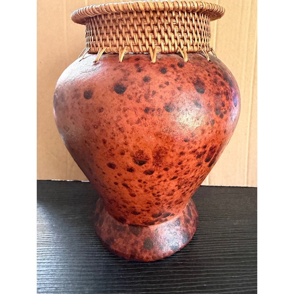 Market Bazaar Terracotta Vase Rattan Rim Indonesia Mottled Brown Orange TD340426